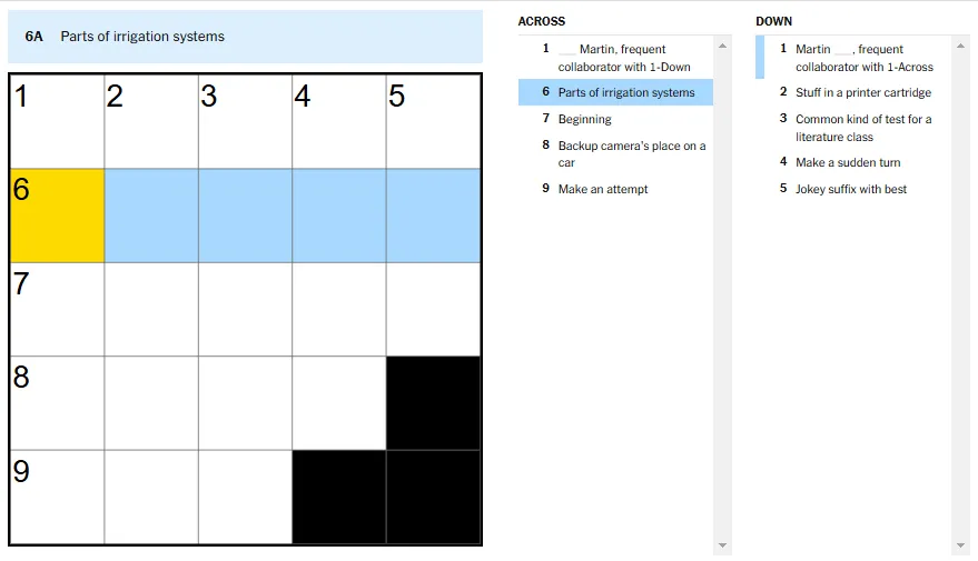 Parts of irrigation systems clue cover in NYT Mini Crossword.