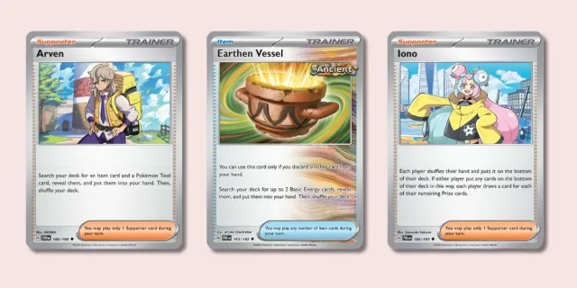 Arven, Earthen Vessel, and Iono Pokémon cards.