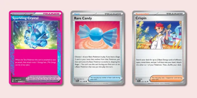 Sparkling Crystal ACE SPEC, Rare Candy, and Crispin Pokémon cards.