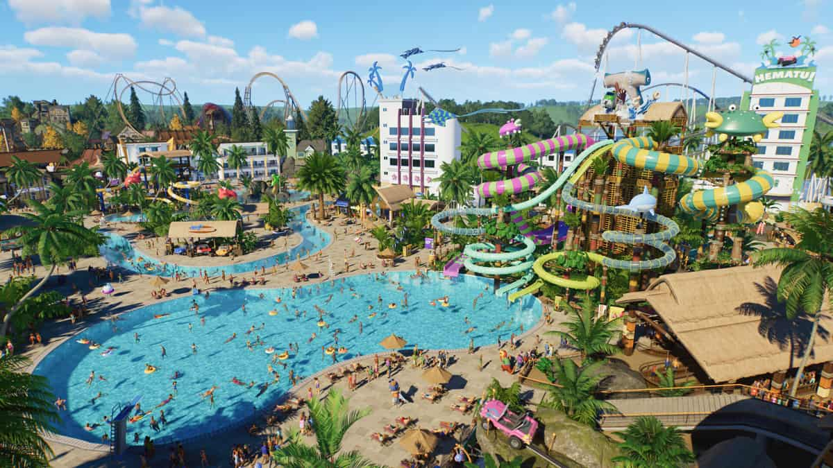 A waterpark overview in a screenshot from Planet Coaster 2.