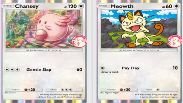 An image showing Chansey and Meowth promos side-by-side in Pokemon TCG Pocket.