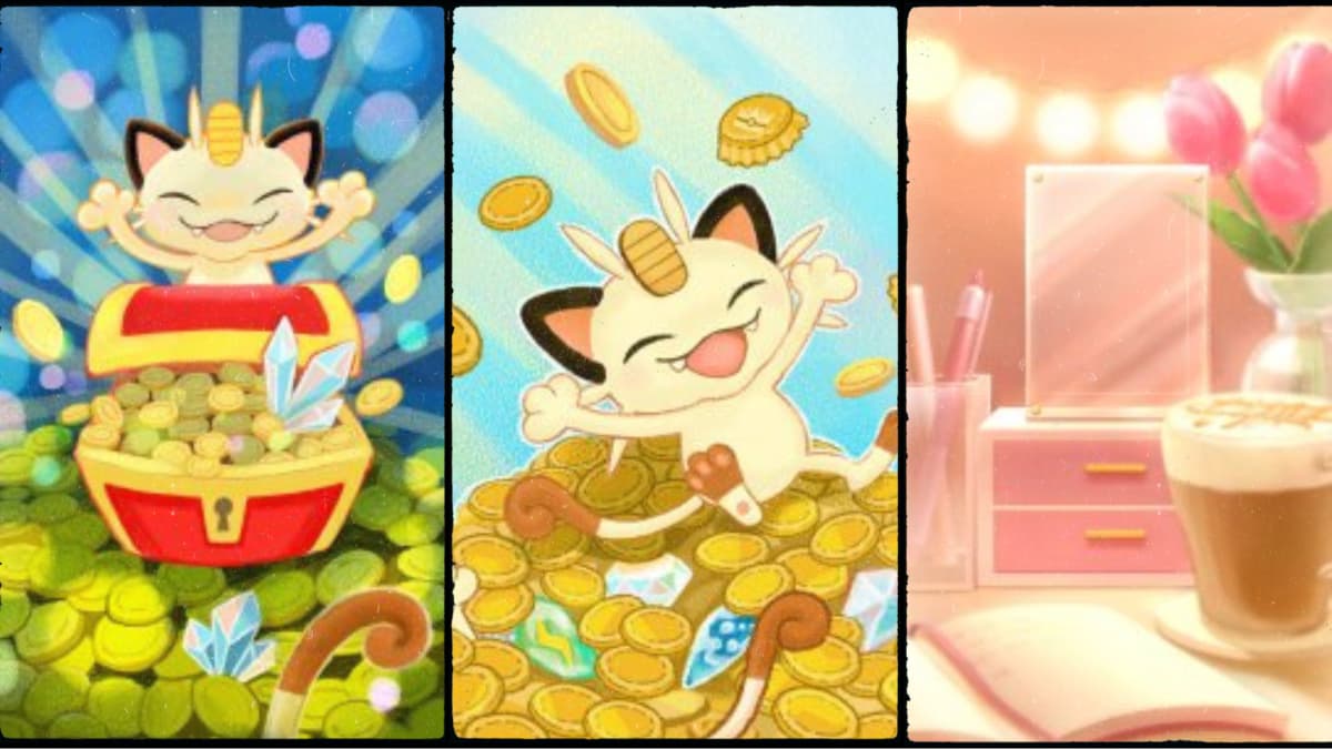 Cosmetics in the Pokémon TCG Pocket Wonder Event featuring Meowth shown side-by-side.