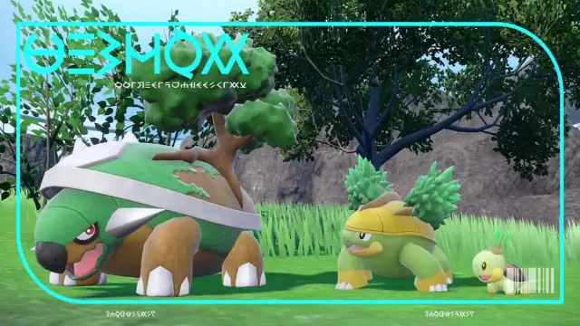 Torterra, Grotle, and Turtwig standing in the grass together in Pokémon Scarlet and Violet.