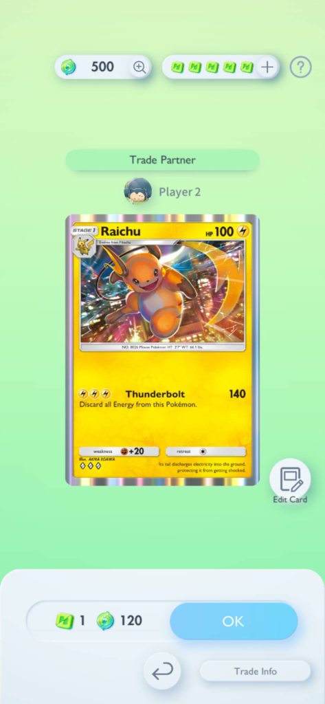 An example of a trade in Pokemon TCG Pocket with a holo Raichu card.