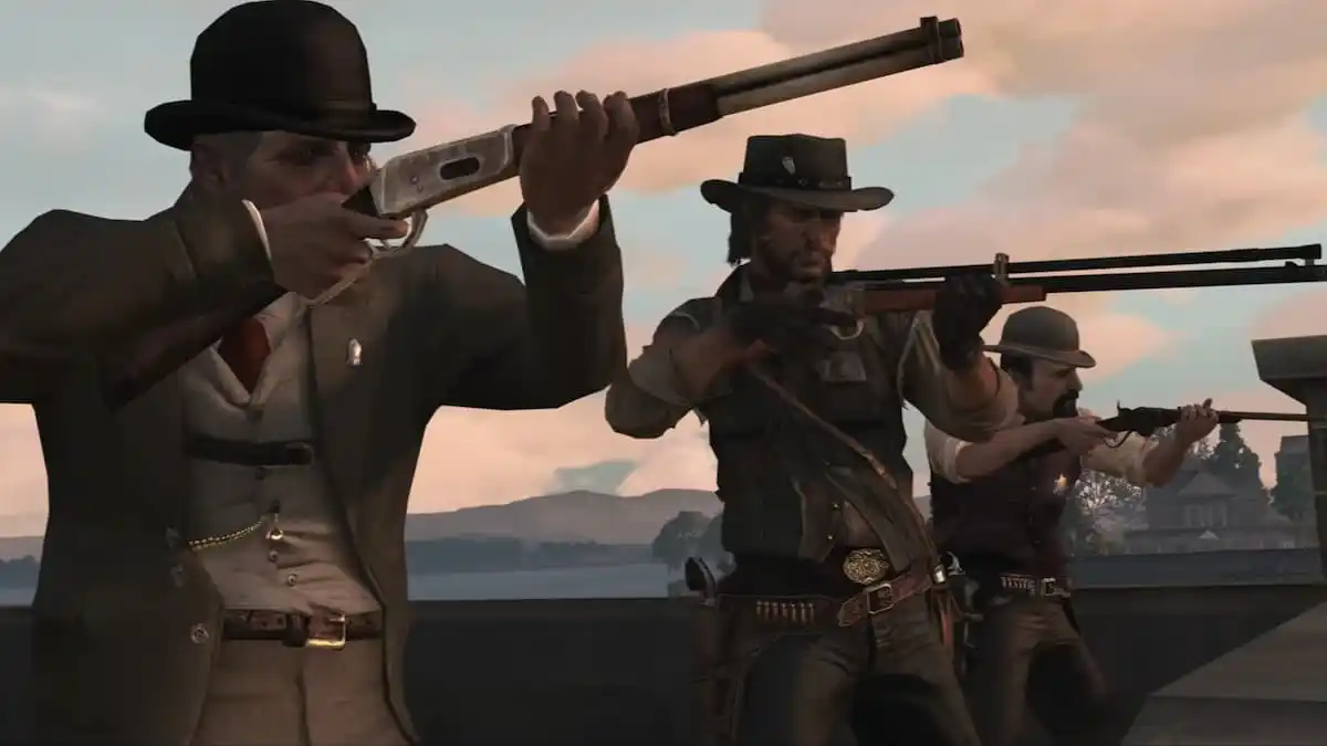 Marston and pals shooting their guns