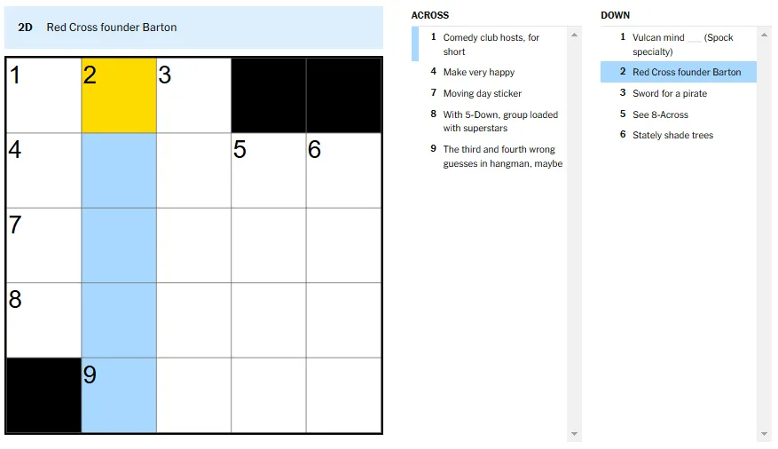 Picture showing the Red Cross founder Barton clue in NYT Mini Crossword.