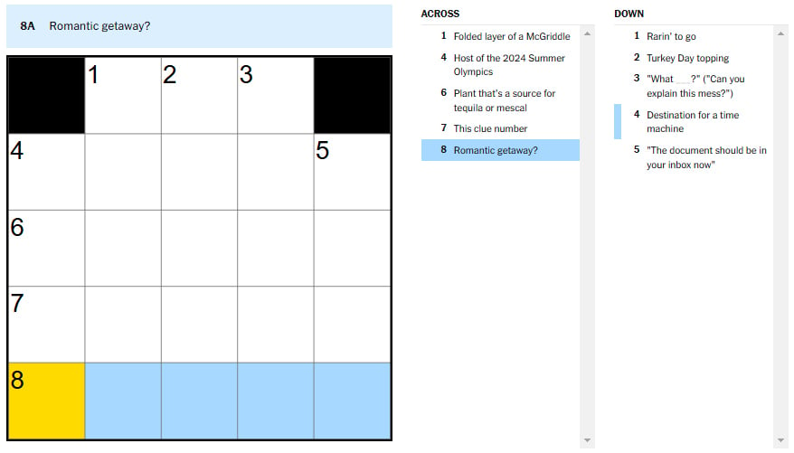 'Romantic getaway?' NYT Mini Crossword puzzle clues answer and hints