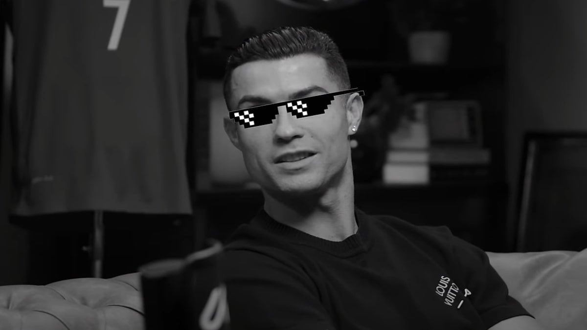 a YouTube edit of pixel sunglasses on the face of Cristiano Ronaldo.