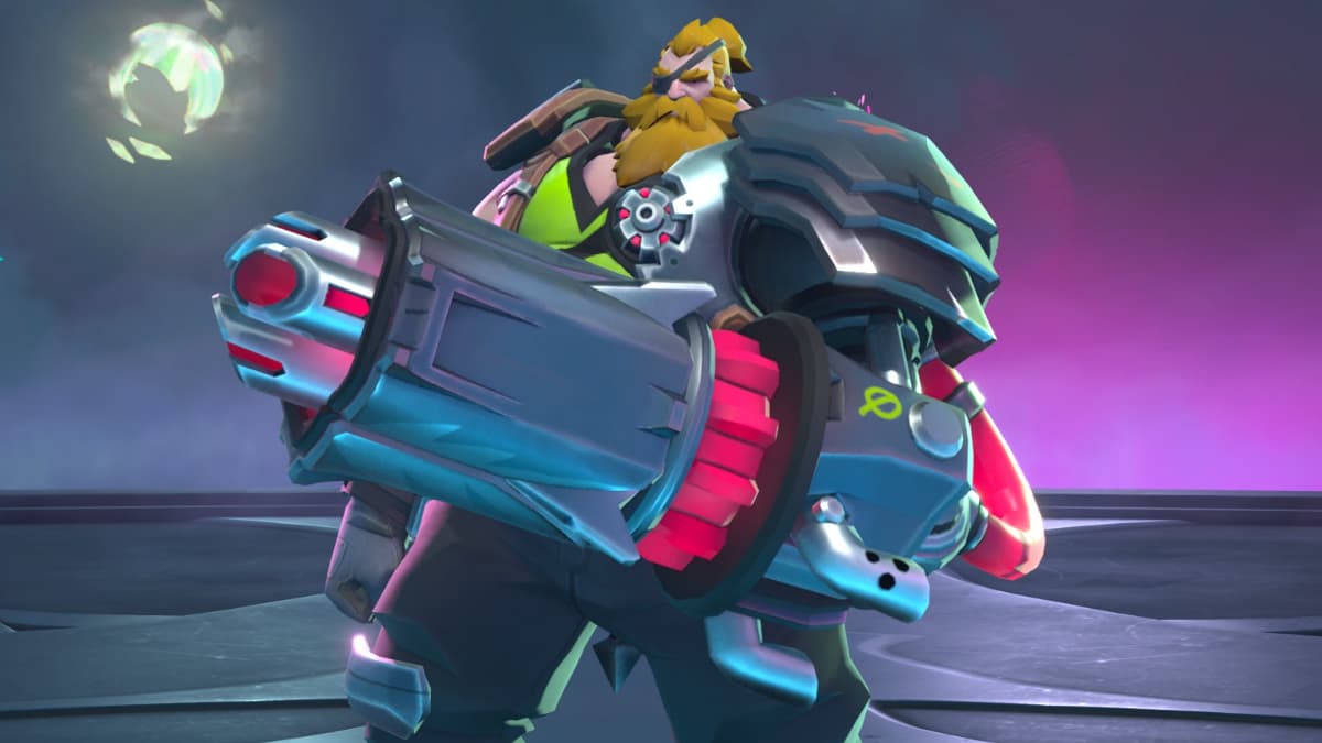 An image of Hudson from SUPERVIVE, a large man with a minigun as his left hand.