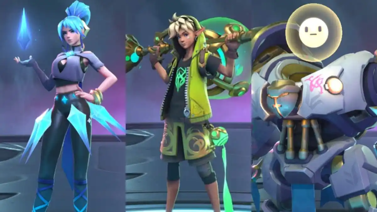 An image of three Hunters from SUPERVIVE, Celeste, Zeph, and Oath. Each of these characters synergize well with Shrike.