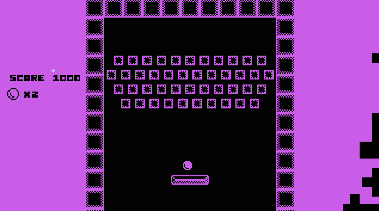 A bright purple and black screen from There Is No Game, showing a classic game of Pong. The score says 1000