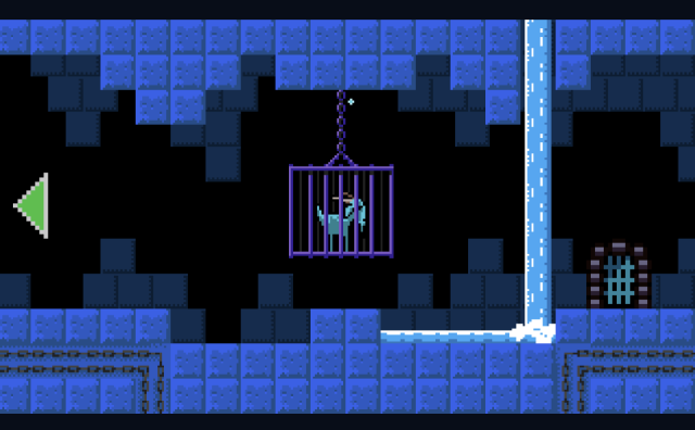 This screenshot from There Is No Game shows a blue goat trapped in a purple cage surrounded by blue blocks and a waterfall.