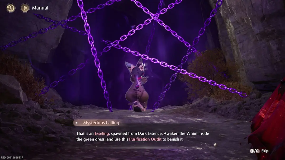 an esseling held by purple chains  in infinity nikki