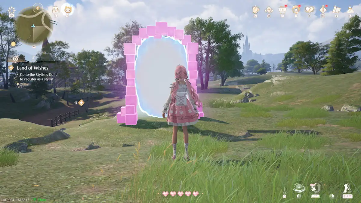 Nikki finds a magical doorway surrounded by pink blocks in the middle of a grassy field