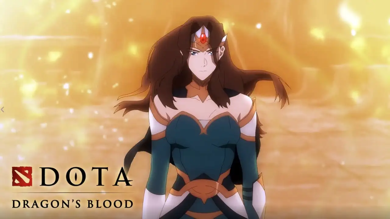 A screengrab turned promo image for DOTA Dragon's Blood featuring a female character front and center.