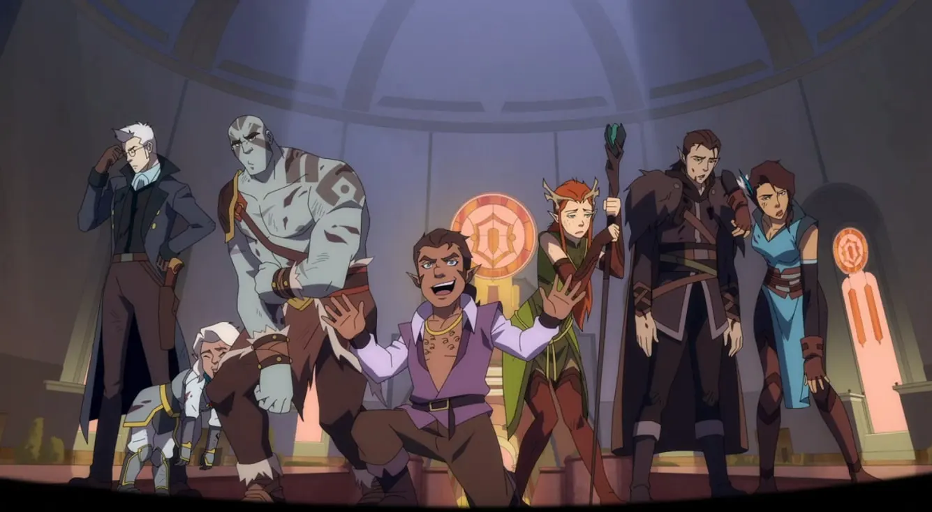 An ensemble shot of many characters looking exhausted in The Legend of Vox Machina