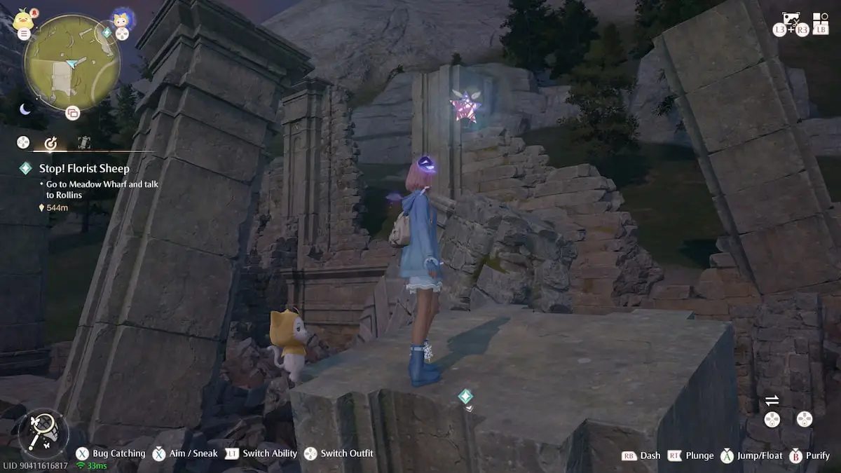 Nikki and a flying purple and pink Whimstar in some rocky ruins