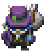 The Seasonal Merchant in Core Keeper, who wears a purple top hat and has blue ears sticking out from underneath his cap.