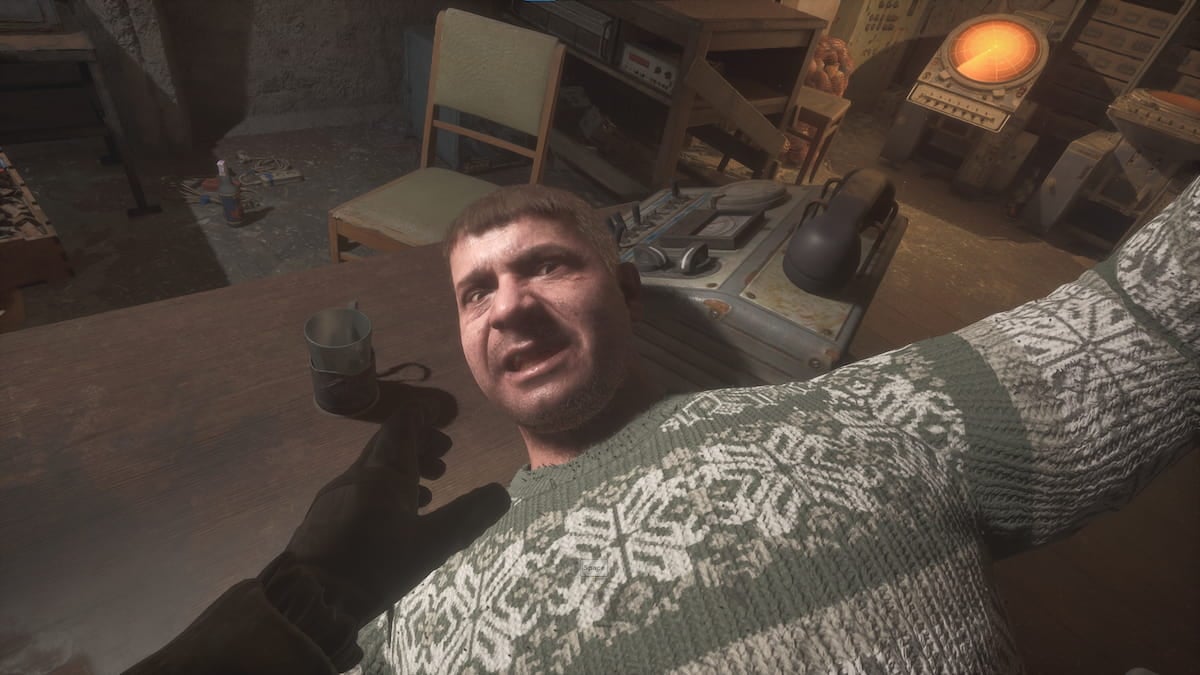 This screenshot from STALKER 2 shows a man, Solder, wearing a beige Christmas sweater on the ground