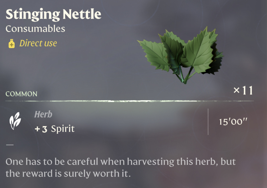 This screenshot of the Stinging Nettle description shows players what the plant looks like in Enshrouded.