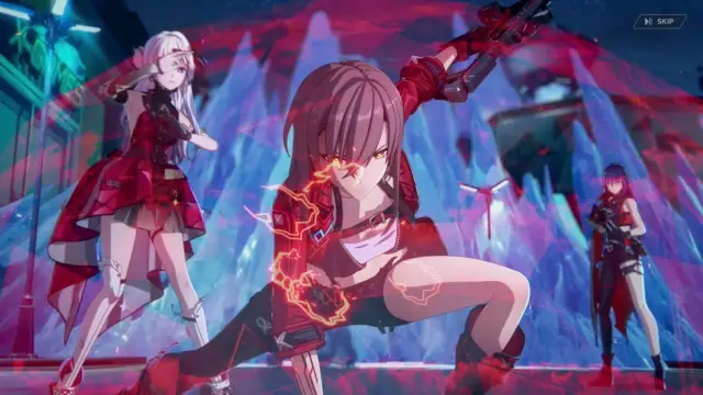 Ming blocking a sniper round to protect Kanami and Lawine behind her with tall ice shards in the background