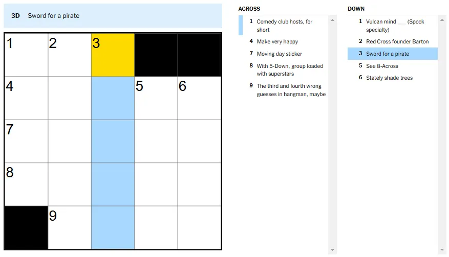 Picture showing the Sword for a pirate clue in NYT Mini Crossword.