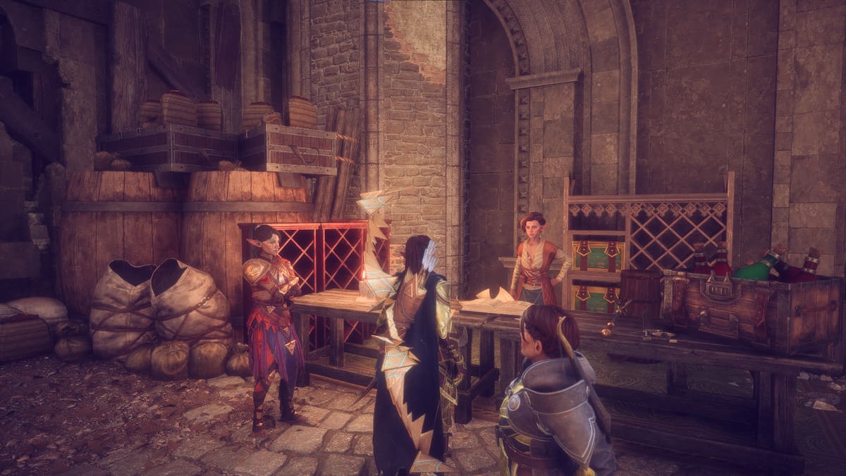 Characters gather around a merchant's table and stacks of wares.