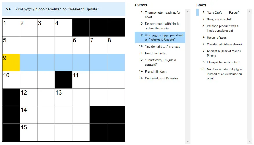 Picture showing the Viral pygmy hippo parodized on Weekend Update clue in NYT Mini Crossword.