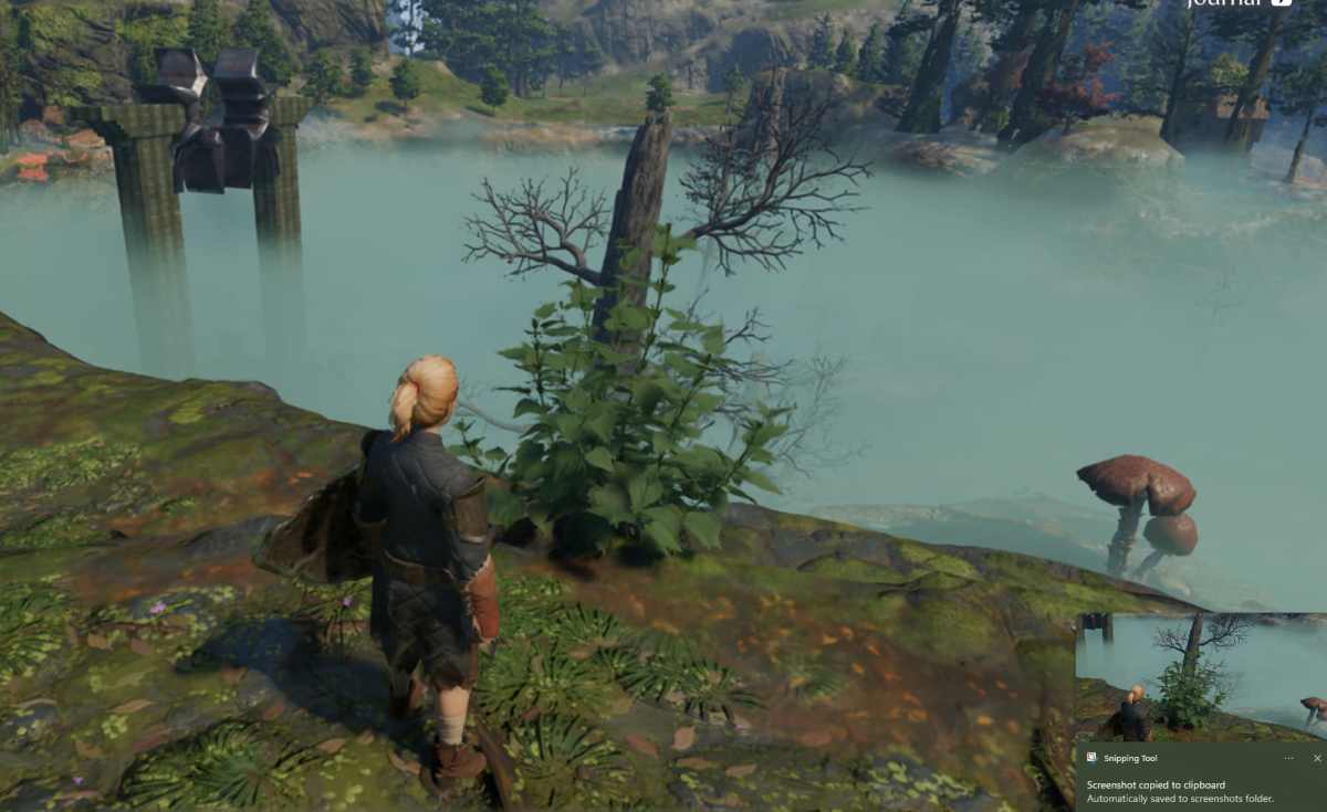 A female character from Enshrouded stands in front of a spiky, green plant. This image shows players what Stinging Nettle looks like