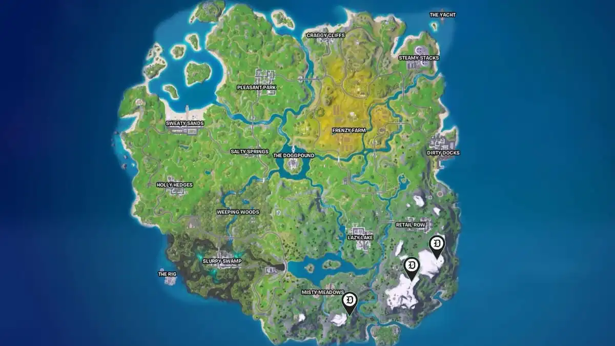 Three base camps marked on the Fortnite Remix Map.