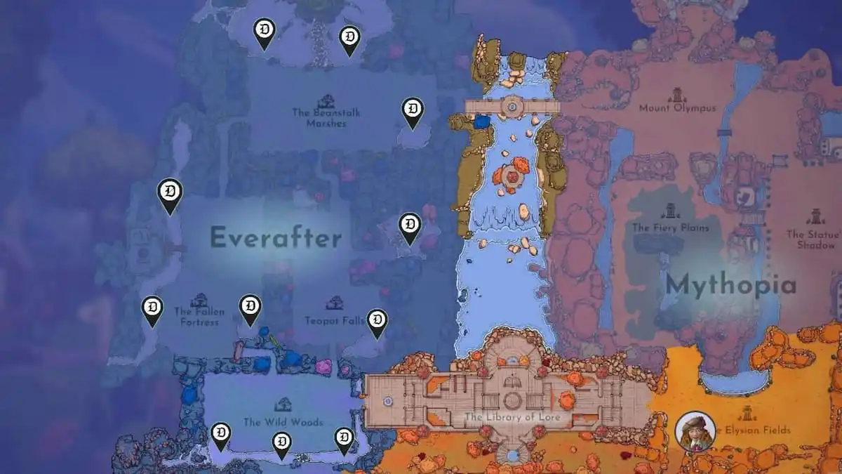 All Salt Crystal locations marked around Everafter on a map in Disney Dreamlight Valley.