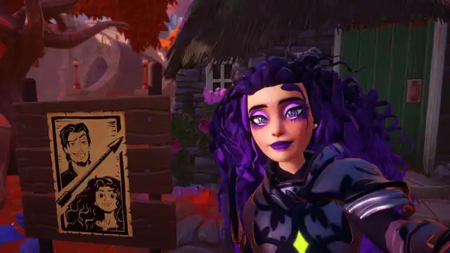 A player with purple curly hair taking a picture with an archery competition sign featuring Flynn and Merida in Disney Dreamlight Valley.