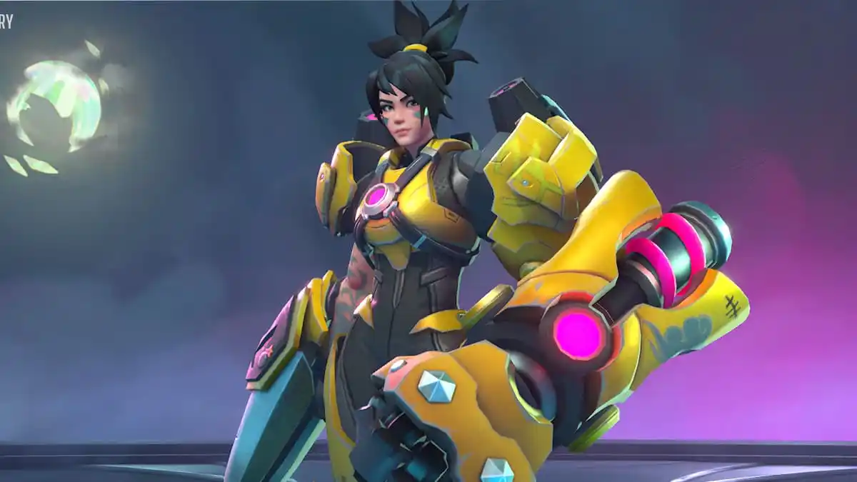 A young girl called Bishop wearing a yellow and black powersuit with massive arms and a weapon in SUPERVIVE.