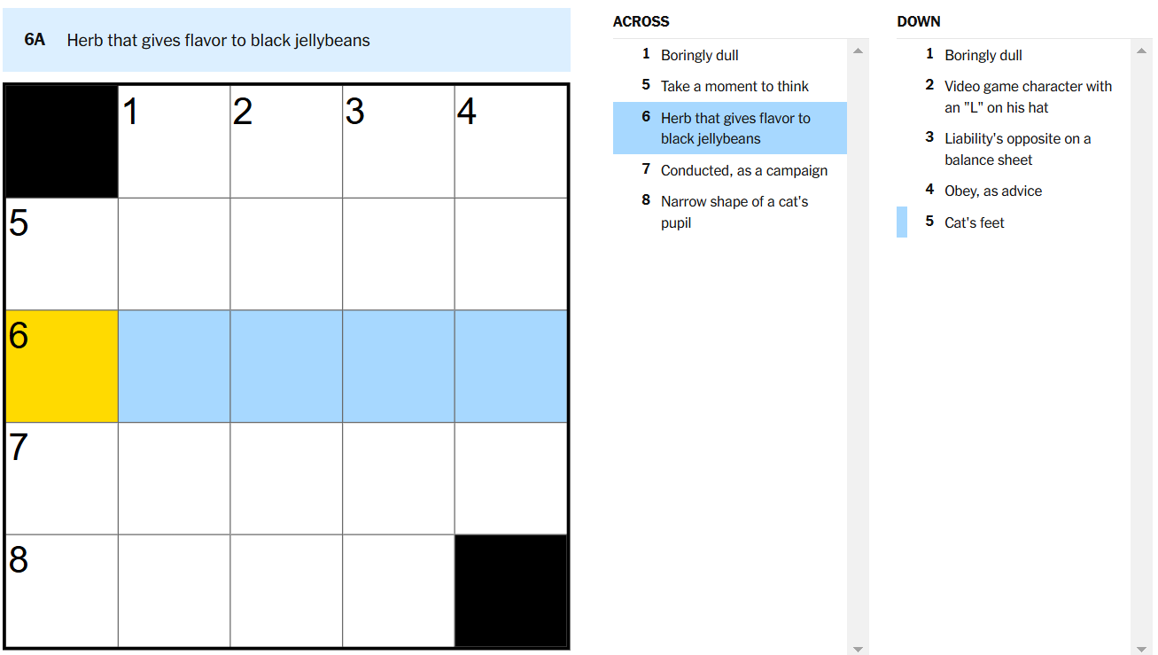 ‘Herb that gives flavor to black jellybeans’ NYT Mini Crossword puzzle clue answer and hints