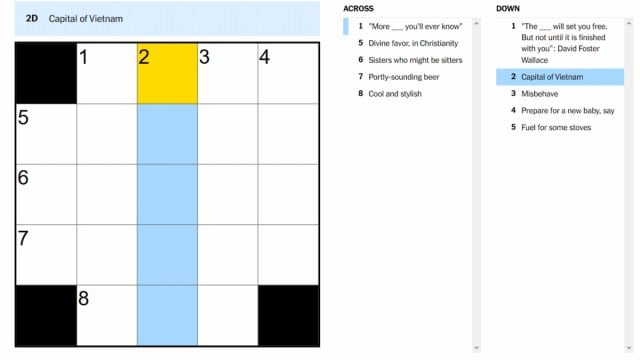 The Capital of Vietnam clue highlighted on the NYT Mini Crossword.