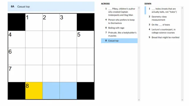 The Casual top clue highlighted on the NYT Mini Crossword.