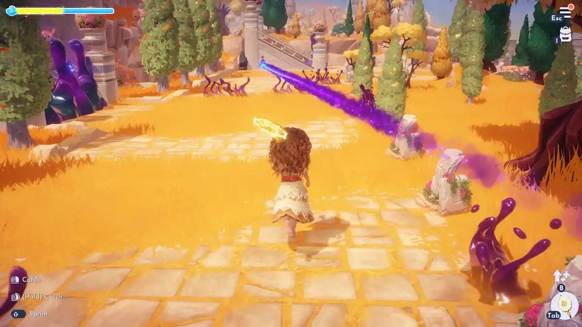 A player chasing a purple trail from a demon snippet in disney dreamlight valley.