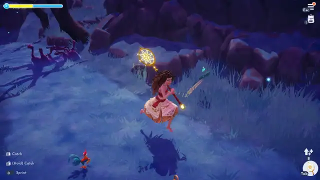 A green frog snippet hopping away by a player chasing it down in disney dreamlight valley.