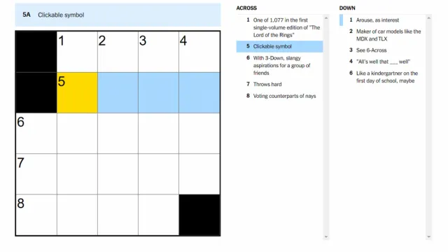 The Clickable symbol clue highlighted on the NYT Mini Crossword.