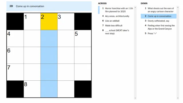 The Come up in conversation clue highlighted on the NYT Mini Crossword.