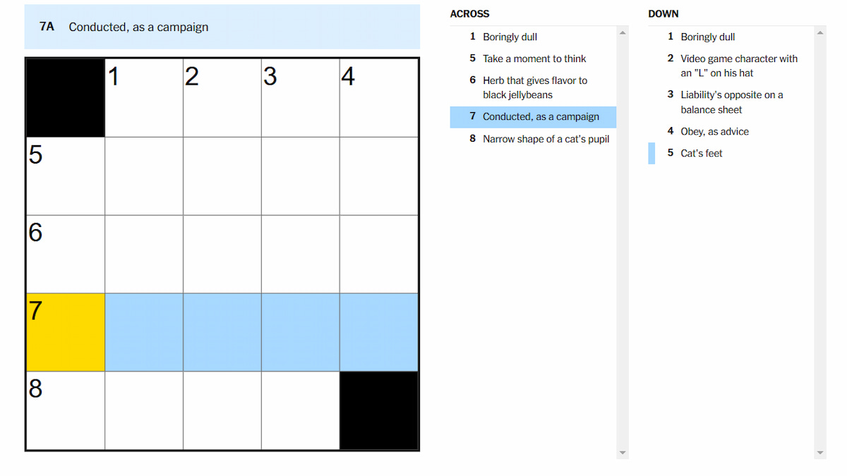 'Conducted, as a campaign' NYT Mini Crossword puzzle clue answer and hints