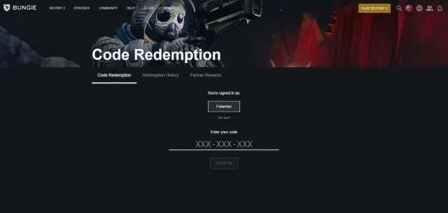 Code Redemption screen on Bungie website