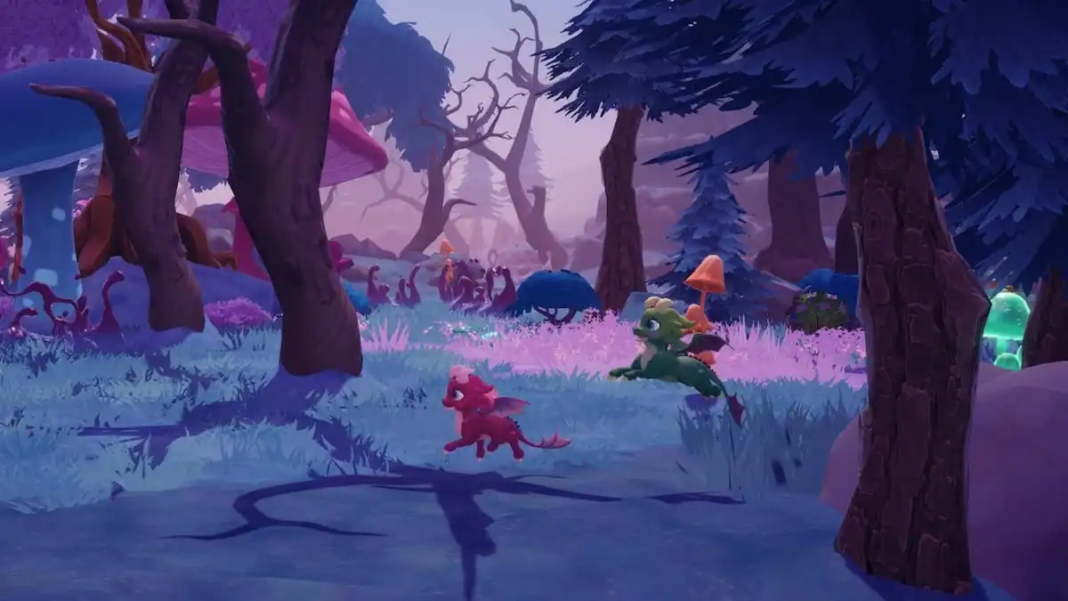 A Red Baby Dragon walking next to a Green Baby Dragon leaping through the Everafter biome in Disney Dreamlight Valley.