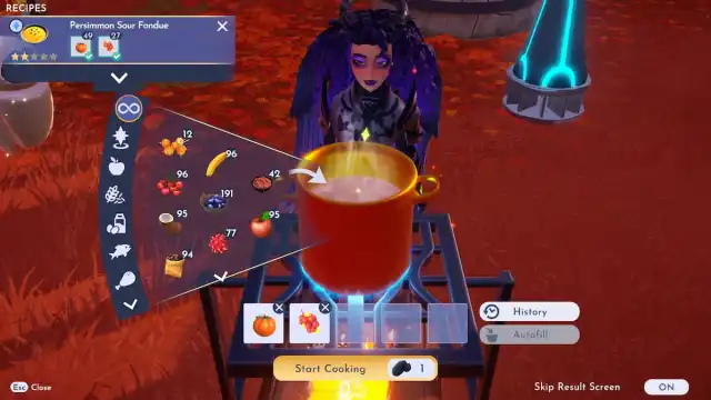 A player standing behind a golden cooking pot and adding one Persimmon and one Sour Berry to it in Disney Dreamlight Valley.