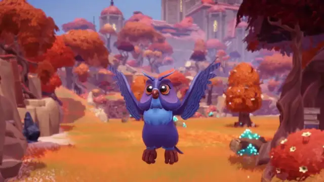 A purple flying owl in The Bind biome in Disney Dreamlight Valley.