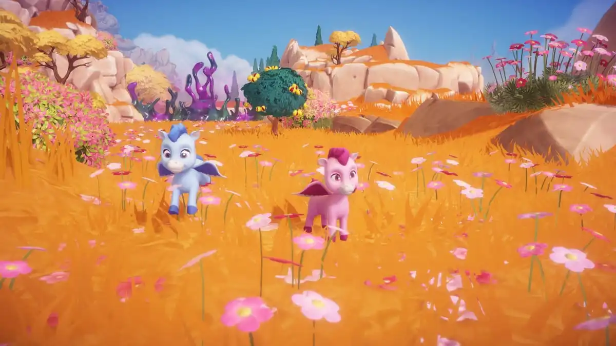 A Blue Pegasus and a Pink Pegasus standing in a flowery field in the Mythopia region in Disney Dreamlight Valley.