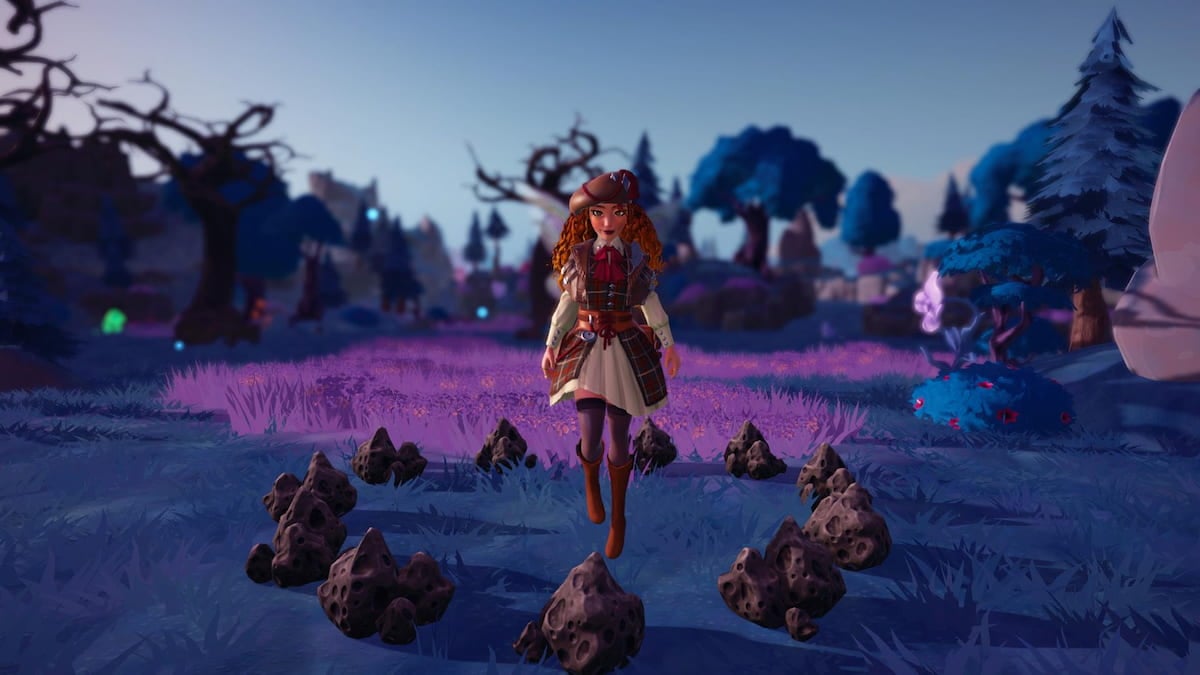 A player flying over a circle of dark grey Volcanic Rocks in the blue and purple forest of Everafter in Disney Dreamlight Valley.