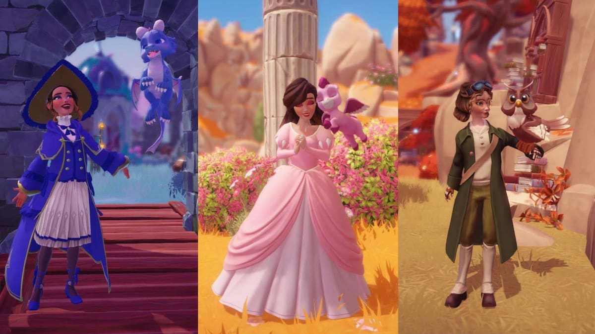 The player standing with a Baby Dragon, a Pegasus, and an Owl across three different biomes in Disney Dreamlight Valley.