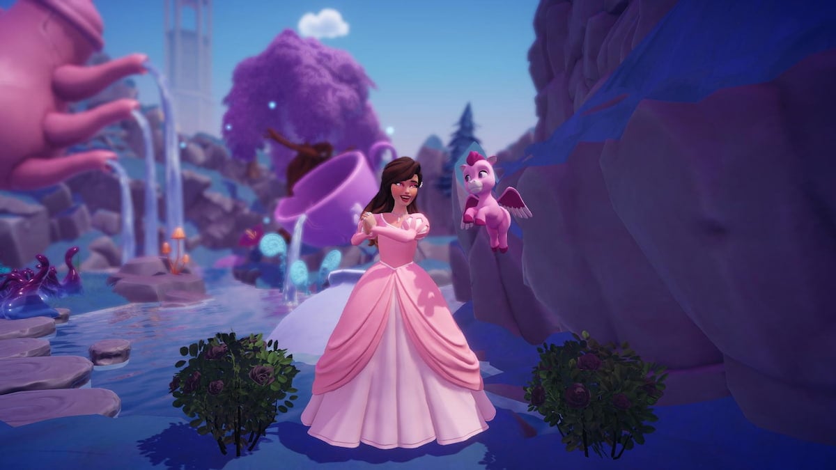 A player in a pink princess dress smiling at their pink Pegasus while standing between two Slate Gray Roses in Disney Dreamlight Valley.