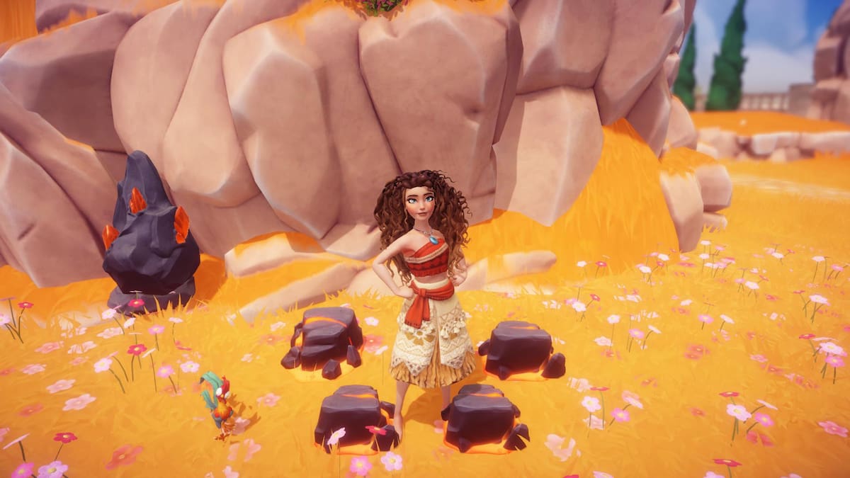 A player with curly hair wearing a Moana dress standing surrounded by Magma on the ground in Disney Dreamlight Valley.